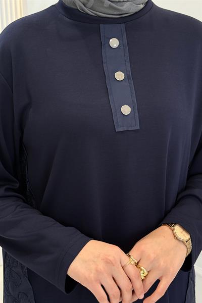 Büyük Beden Düğmeli Tunik Pantolon Tesettür Takım Lacivert OTW336