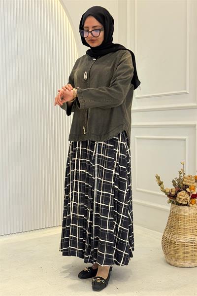 Büyük Beden Ekose Etekli Takım Siyah-Haki OTW9502
