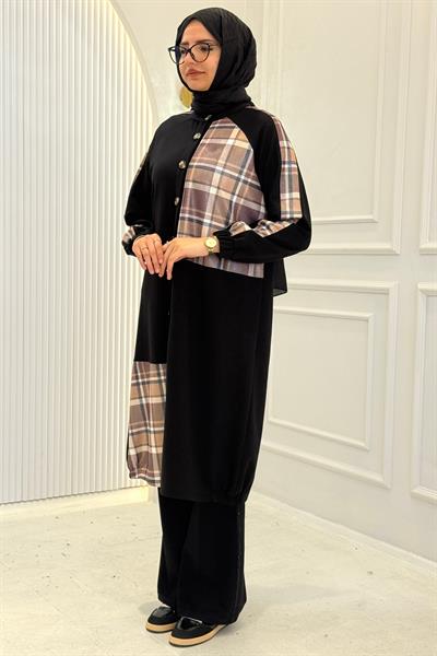 Büyük Beden Ekose Garnili Düğmeli Uzun Kap Kahve OTW4015