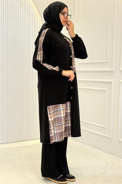 Büyük Beden Ekose Garnili Düğmeli Uzun Kap Kahve OTW4015