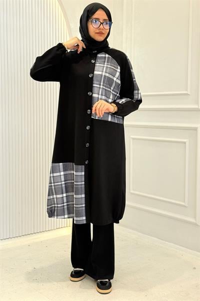 Büyük Beden Ekose Garnili Düğmeli Uzun Kap Mavi OTW4015