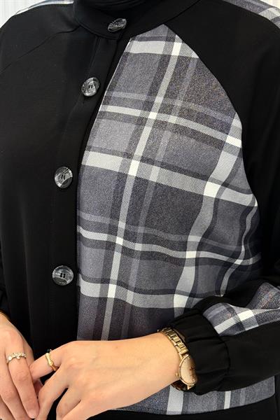 Büyük Beden Ekose Garnili Düğmeli Uzun Kap Mavi OTW4015