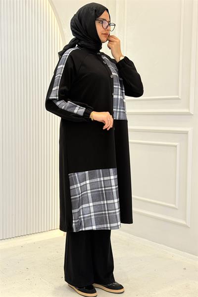 Büyük Beden Ekose Garnili Düğmeli Uzun Kap Mavi OTW4015