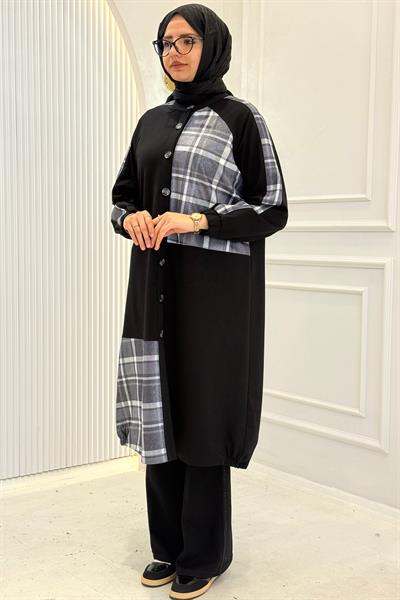 Büyük Beden Ekose Garnili Düğmeli Uzun Kap Mavi OTW4015