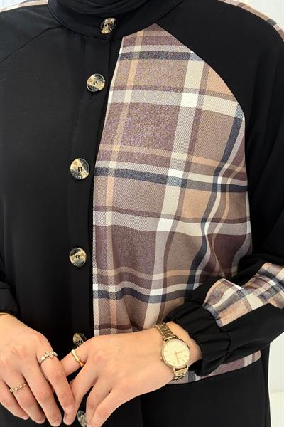 Büyük Beden Ekose Garnili Düğmeli Uzun Kap Kahve OTW4015