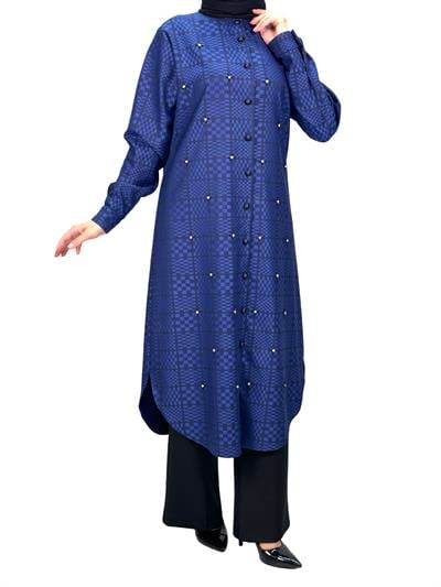 Büyük Beden Ekose Tunik Mavi OTW2103