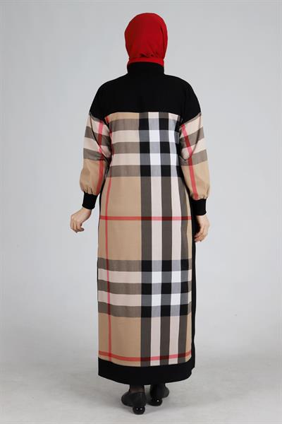 Büyük Beden Ekoseli Düğmeli Ferace Siyah-Krem OTW28053