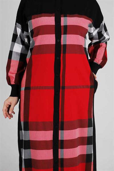Büyük Beden Ekoseli Düğmeli Ferace Siyah-Kırmızı OTW28053