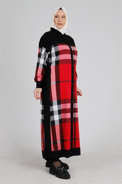 Büyük Beden Ekoseli Düğmeli Ferace Siyah-Kırmızı OTW28053