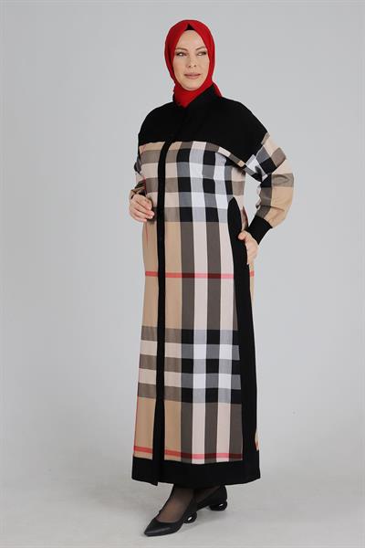 Büyük Beden Ekoseli Düğmeli Ferace Siyah-Krem OTW28053