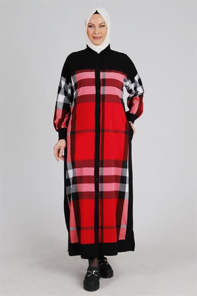 Büyük Beden Ekoseli Düğmeli Ferace Siyah-Kırmızı OTW28053