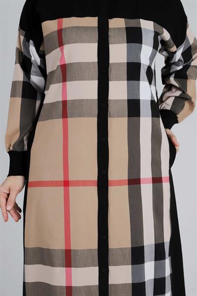 Büyük Beden Ekoseli Düğmeli Ferace Siyah-Krem OTW28053