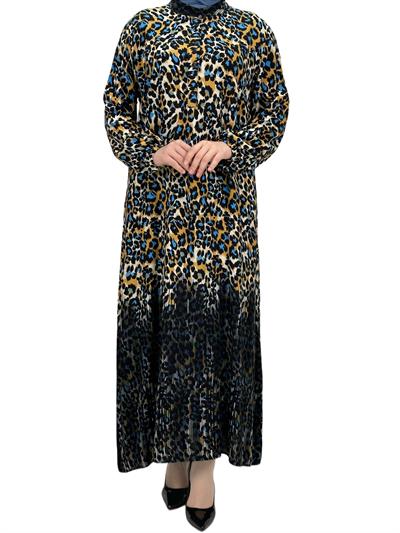 Büyük Beden Emprime Viskon Elbise Mavi OTW426