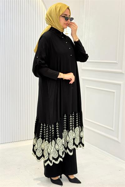 Büyük Beden Etek Ucu Nakışlı Uzun Tunik Elbise Siyah OTW1742