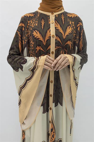 Büyük Beden Etnik Desenli Yazlık Desenli Tül Elbise Bej-Siyah OTW392