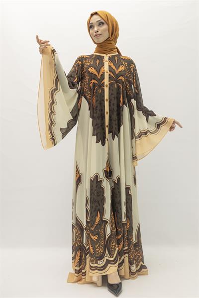 Büyük Beden Etnik Desenli Yazlık Desenli Tül Elbise Bej-Siyah OTW392