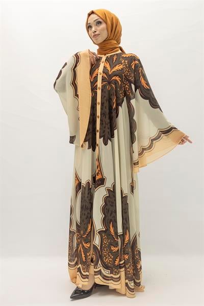 Büyük Beden Etnik Desenli Yazlık Desenli Tül Elbise Bej-Siyah OTW392