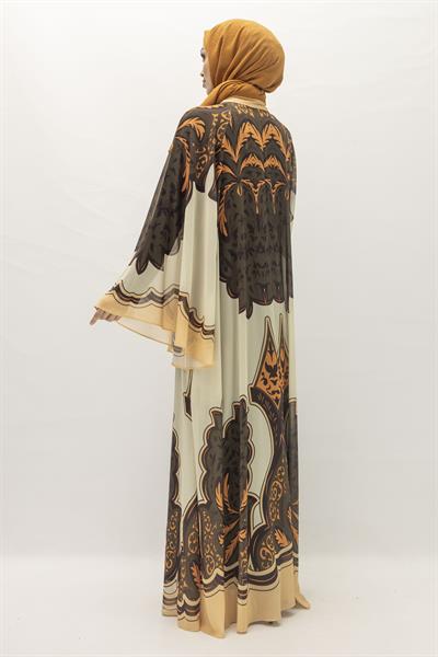 Büyük Beden Etnik Desenli Yazlık Desenli Tül Elbise Bej-Siyah OTW392