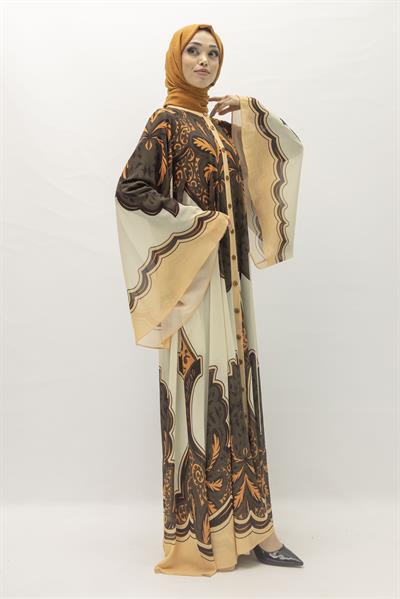 Büyük Beden Etnik Desenli Yazlık Desenli Tül Elbise Bej-Siyah OTW392