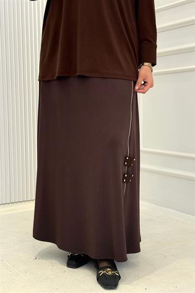 Büyük Beden Fermuar Detaylı Tesettür Etek Kahve OTW4352