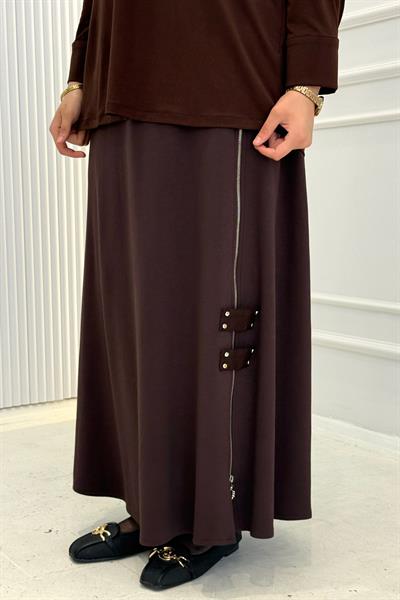 Büyük Beden Fermuar Detaylı Tesettür Etek Kahve OTW4352