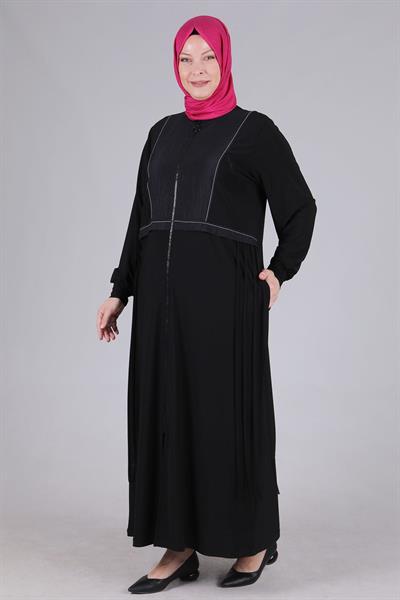 Büyük Beden Fermuarlı Ferace Siyah OTW2810