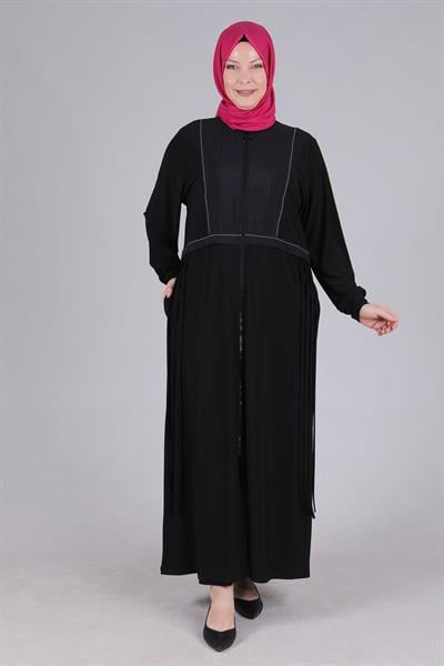 Büyük Beden Fermuarlı Ferace Siyah OTW2810