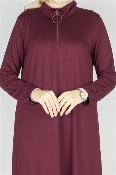 Büyük Beden Fermuarlı Penye Elbise Bordo OTW2201