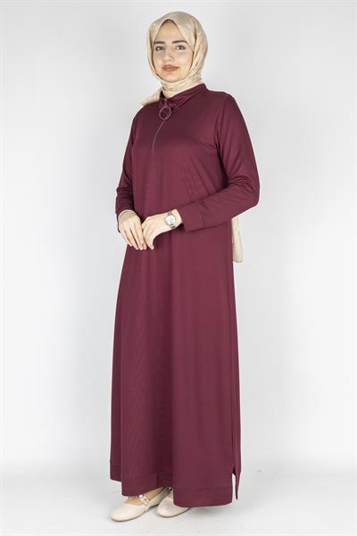 Büyük Beden Fermuarlı Penye Elbise Bordo OTW2201
