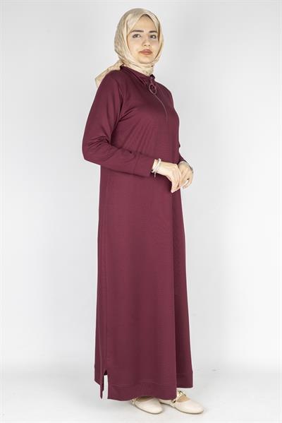Büyük Beden Fermuarlı Penye Elbise Bordo OTW2201