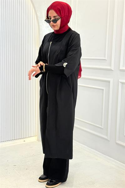 Büyük Beden Fermuarlı Tesettür Kap Siyah OTW9574
