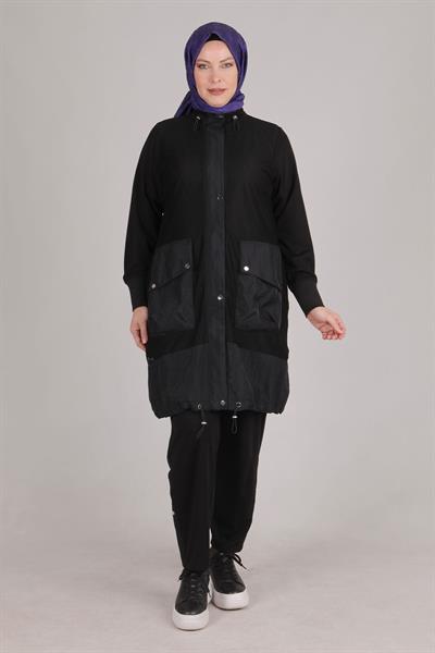 Büyük Beden File Ceketli Pantolonlu Takım Siyah OTW70014