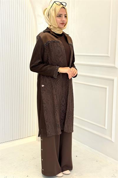 Büyük Beden Fileli Kimono İçlik İkili Takım Kahve OTW25140