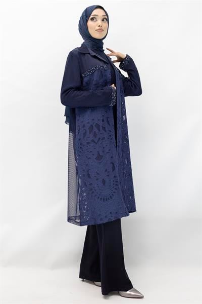 Büyük Beden Fileli Kimono İçlik İkili Takım Lacivert OTW25140