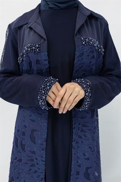 Büyük Beden Fileli Kimono İçlik İkili Takım Lacivert OTW25140