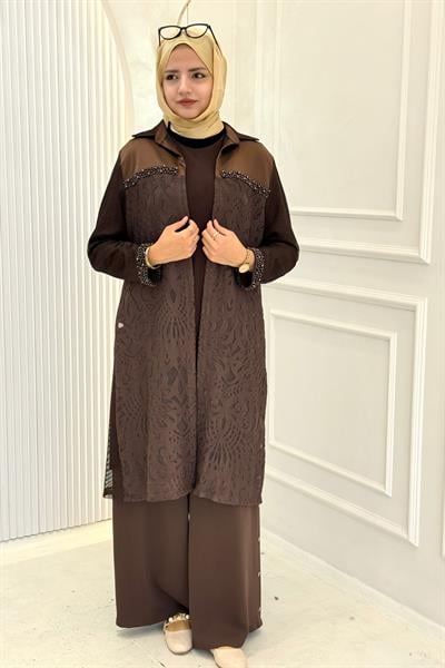 Büyük Beden Fileli Kimono İçlik İkili Takım Kahve OTW25140