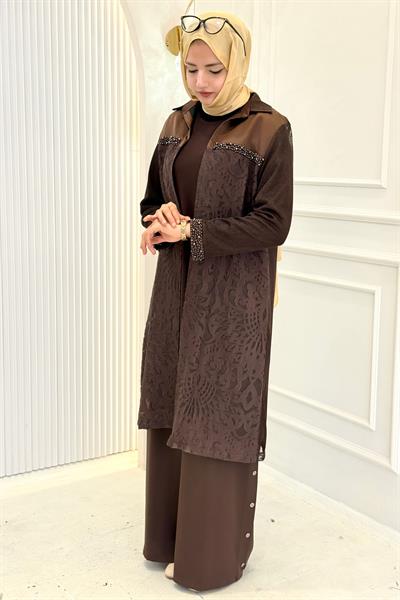Büyük Beden Fileli Kimono İçlik İkili Takım Kahve OTW25140