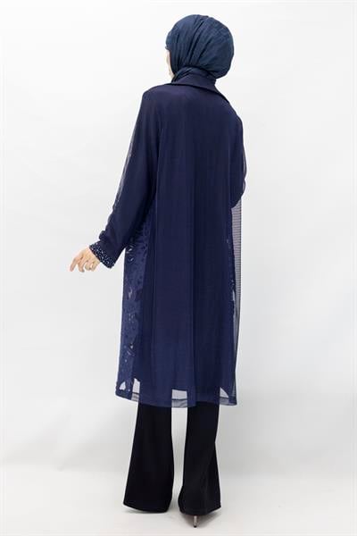 Büyük Beden Fileli Kimono İçlik İkili Takım Lacivert OTW25140