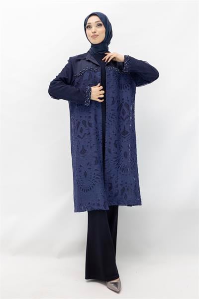 Büyük Beden Fileli Kimono İçlik İkili Takım Lacivert OTW25140
