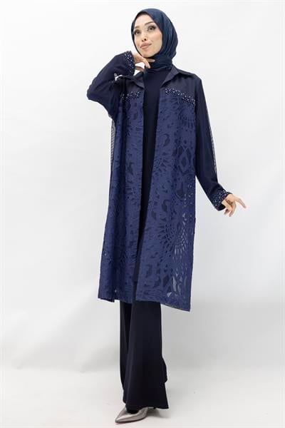 Büyük Beden Fileli Kimono İçlik İkili Takım Lacivert OTW25140