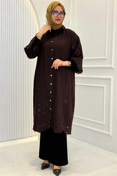Büyük Beden Fisto İşlemeli Düğmeli Gömlek Kahve OTW4078