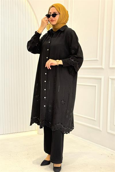 Büyük Beden Fisto İşlemeli Düğmeli Gömlek Siyah OTW4078