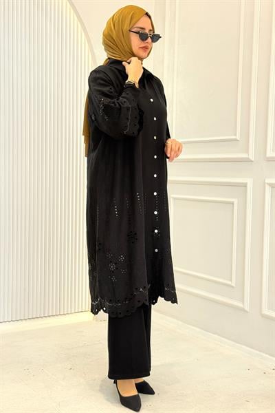 Büyük Beden Fisto İşlemeli Düğmeli Gömlek Siyah OTW4078