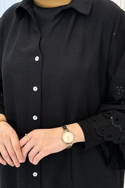 Büyük Beden Fisto İşlemeli Düğmeli Gömlek Siyah OTW4078