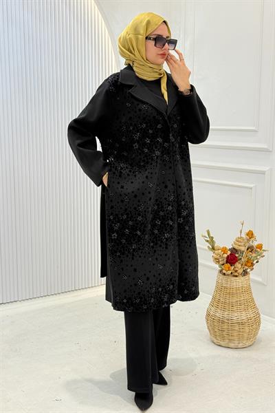 Büyük Beden Flok Desen Detaylı Kaban Siyah OTW9354