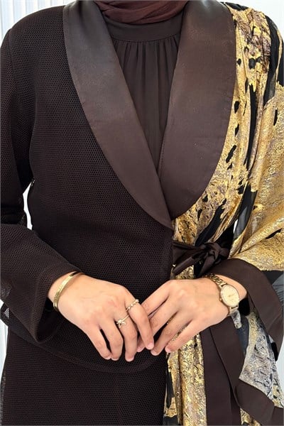 Büyük Beden Gold Desenli Abaya Takım Kahve OTW46925
