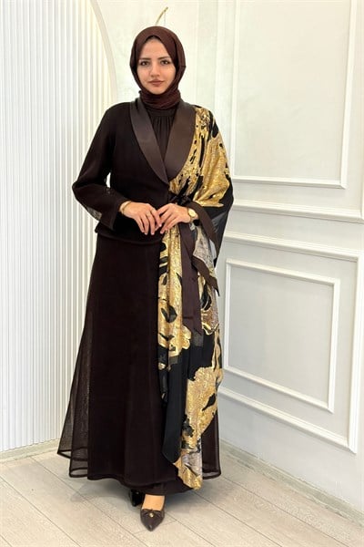 Büyük Beden Gold Desenli Abaya Takım Kahve OTW46925