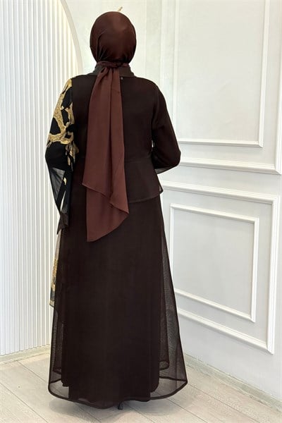 Büyük Beden Gold Desenli Abaya Takım Kahve OTW46925