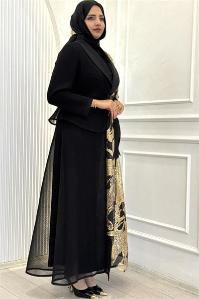 Büyük Beden Gold Desenli Abaya Takım Siyah OTW46925