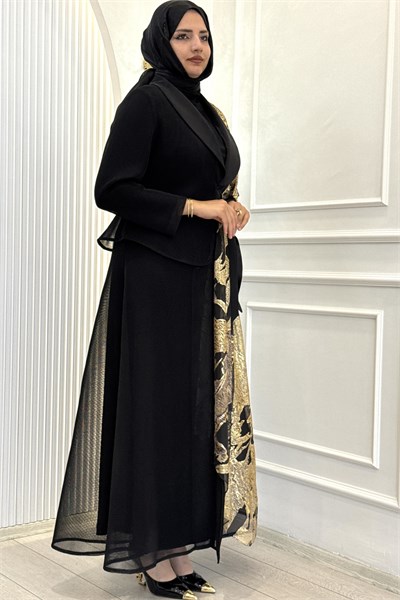 Büyük Beden Gold Desenli Abaya Takım Siyah OTW46925